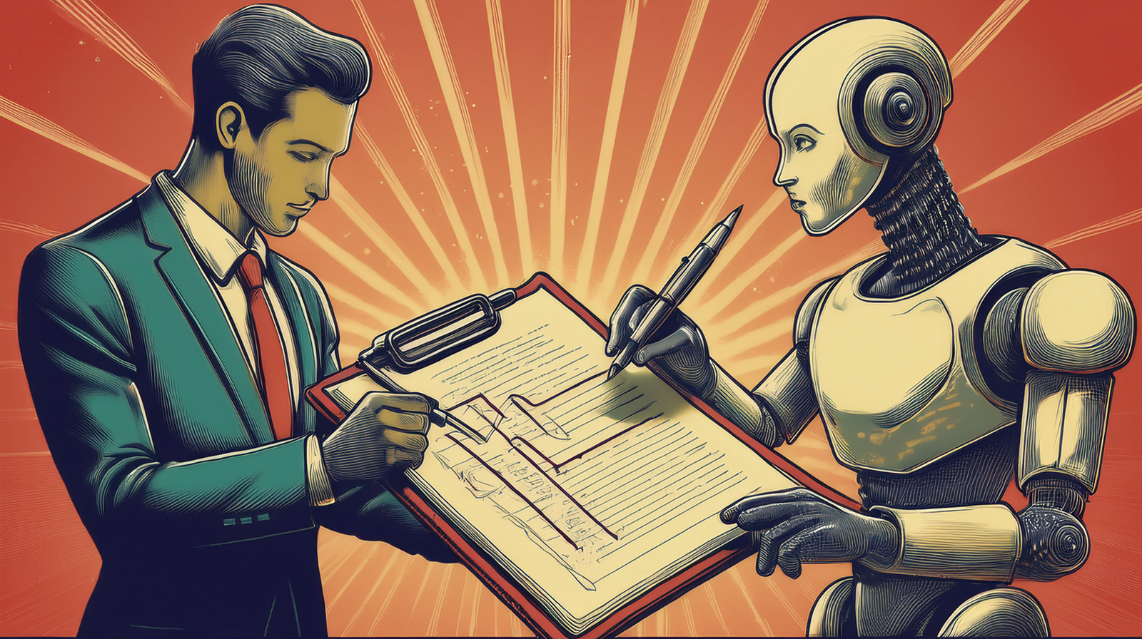 A robot and a human collaborating on a project plan.
