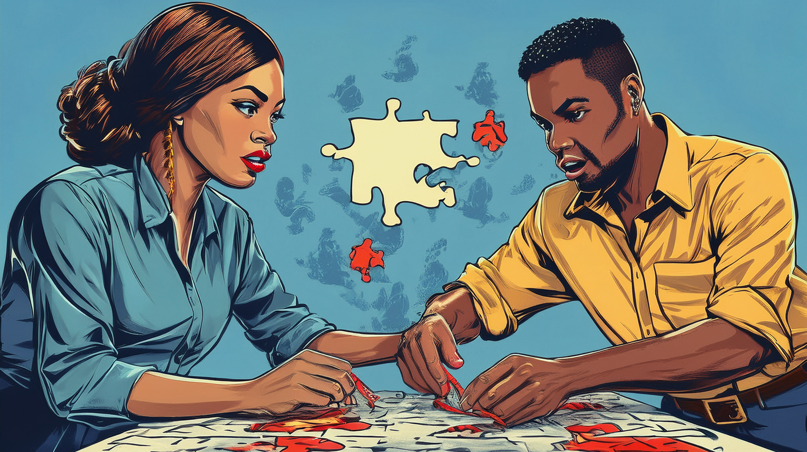 Two people working together to solve a puzzle.