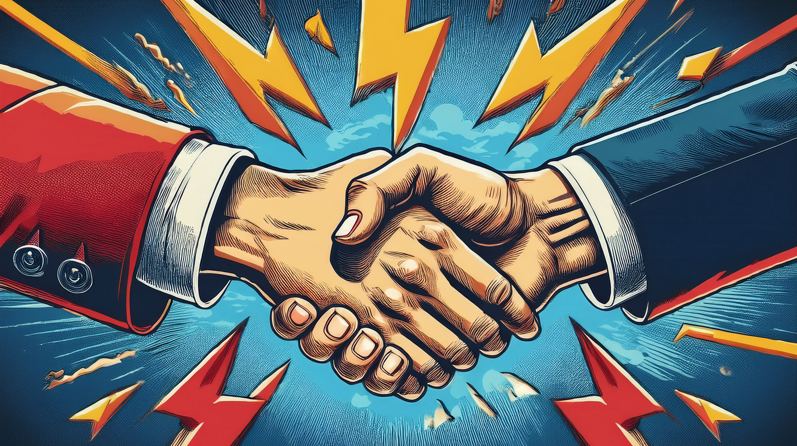 Two hands shaking over a split object.