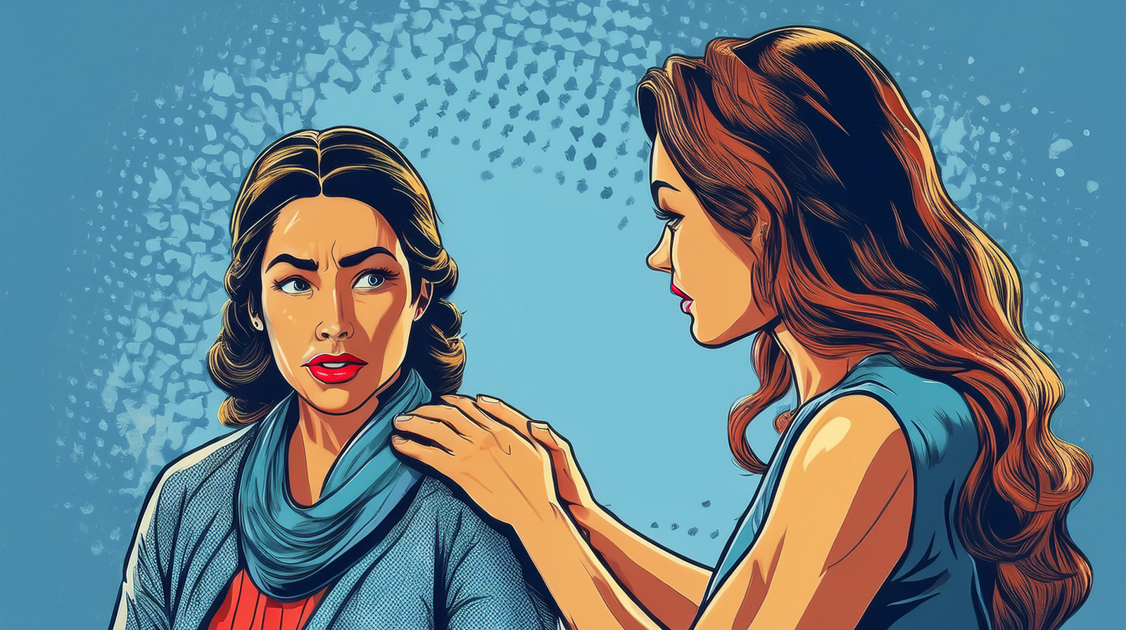 A person putting a comforting hand on another's shoulder.