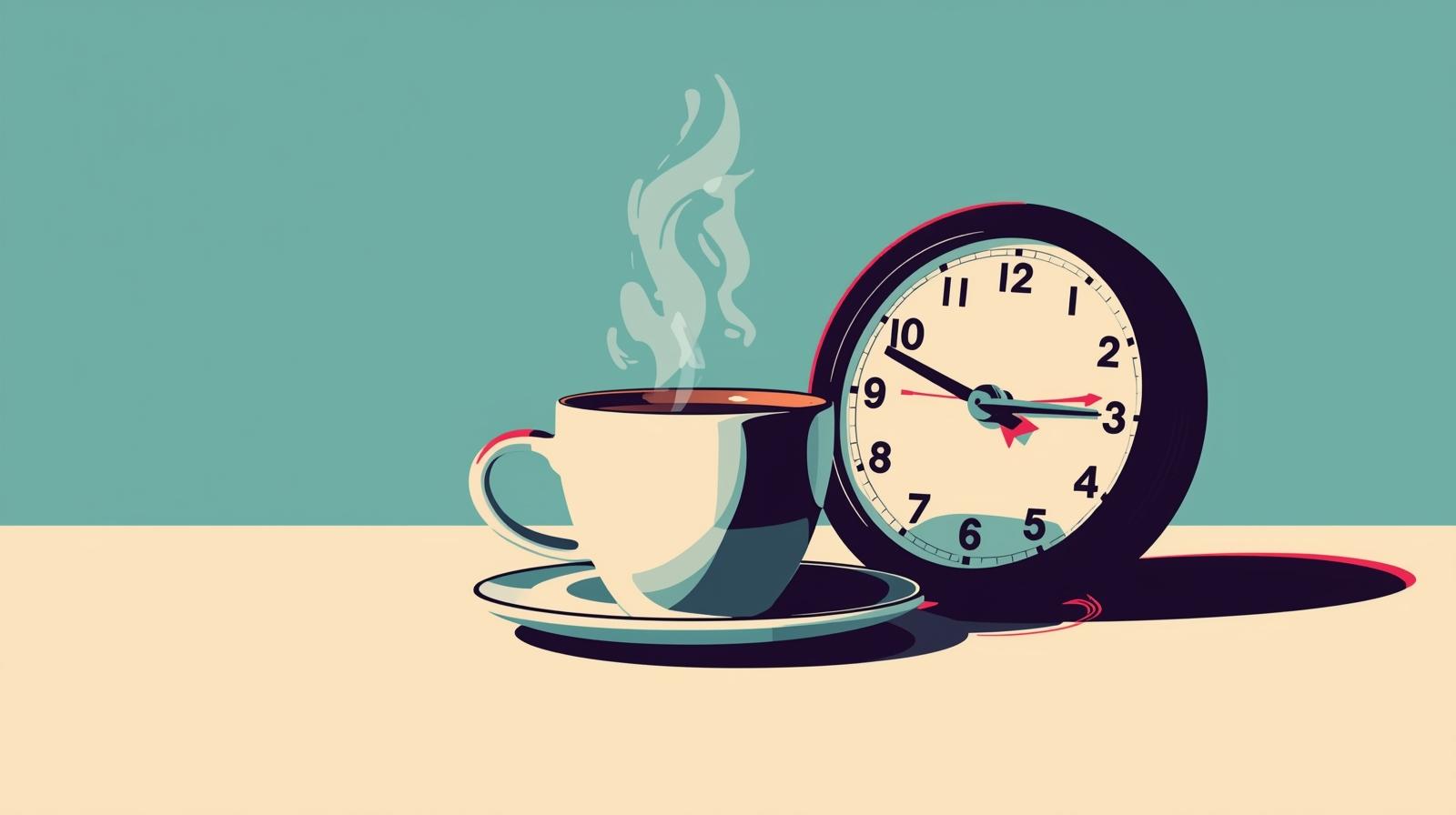 A coffee cup and a notebook on a wooden table, signifying a break.