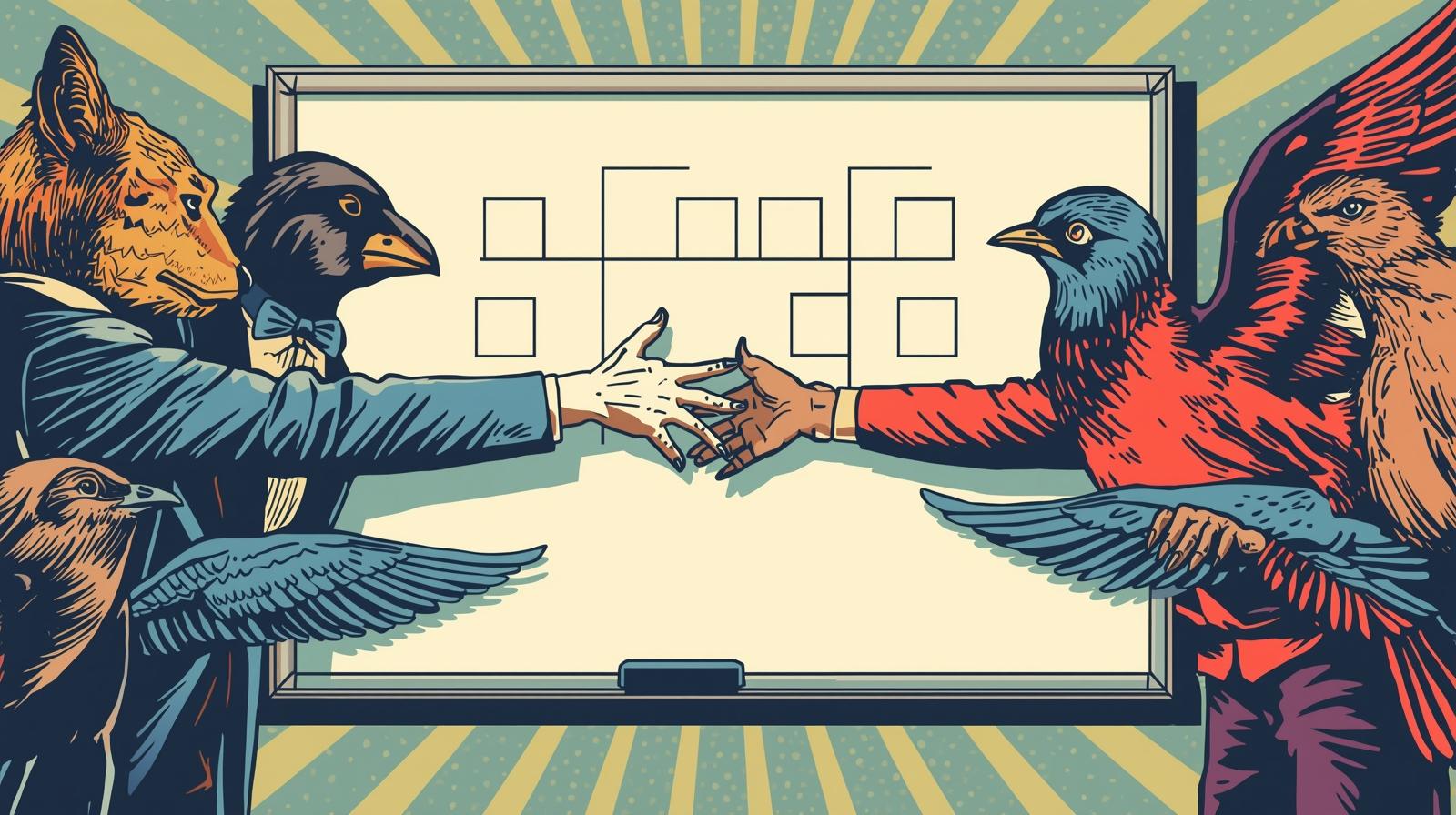 Two hands passing a glowing object, symbolizing the handover of work and knowledge.